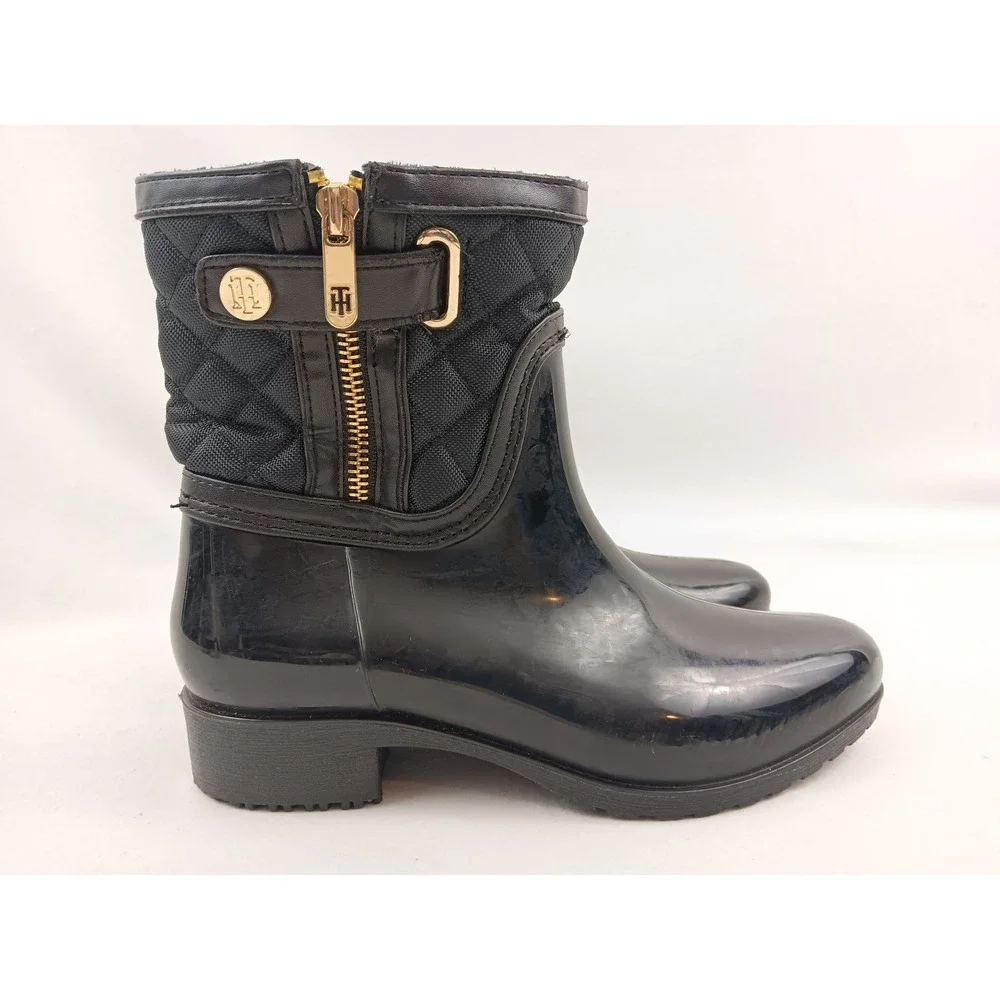 Tommy Hilfiger Francie Black Quilted Rain Boots Ankle‎ Booties Size 6M